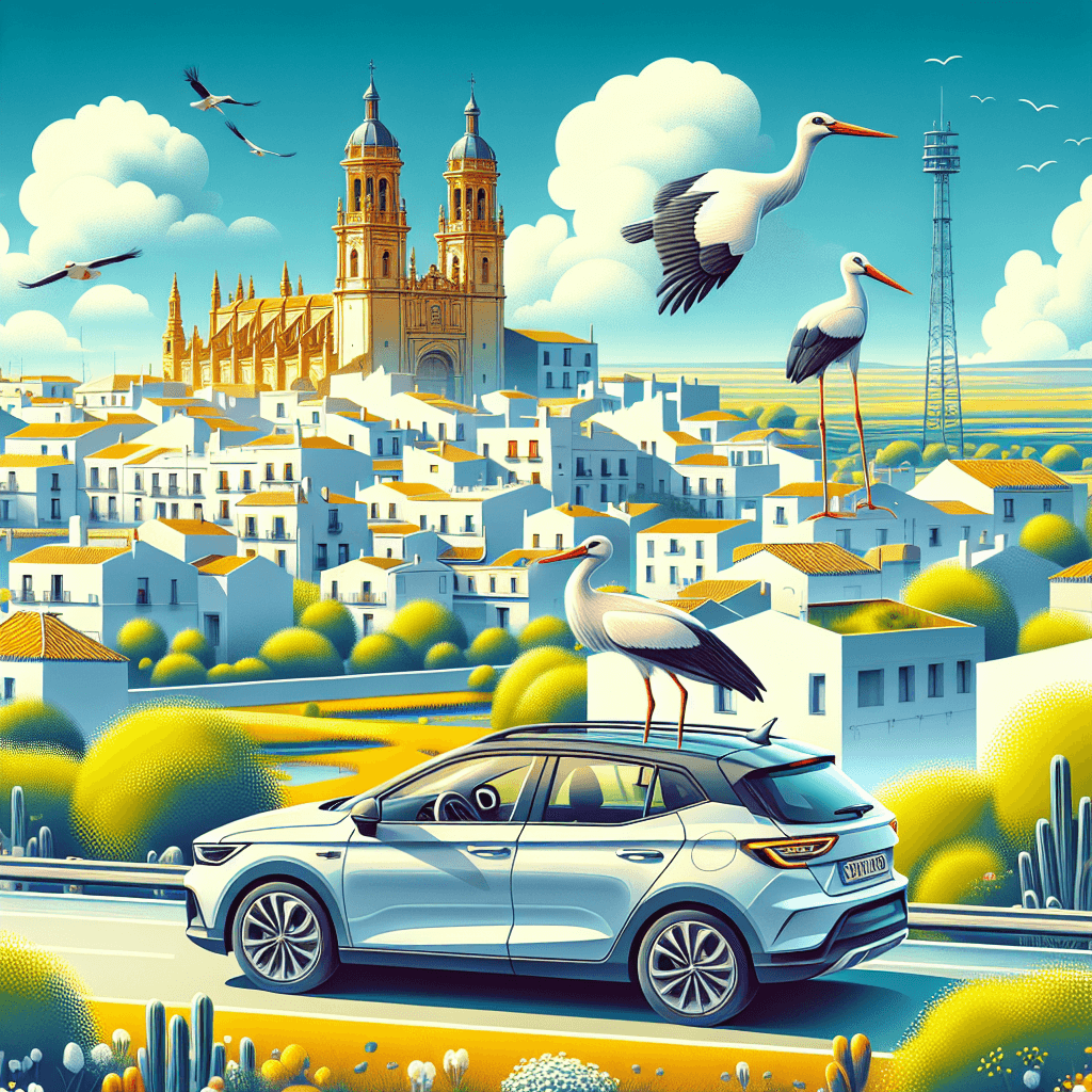 Coche en Écija con edificios históricos y cigüeñas