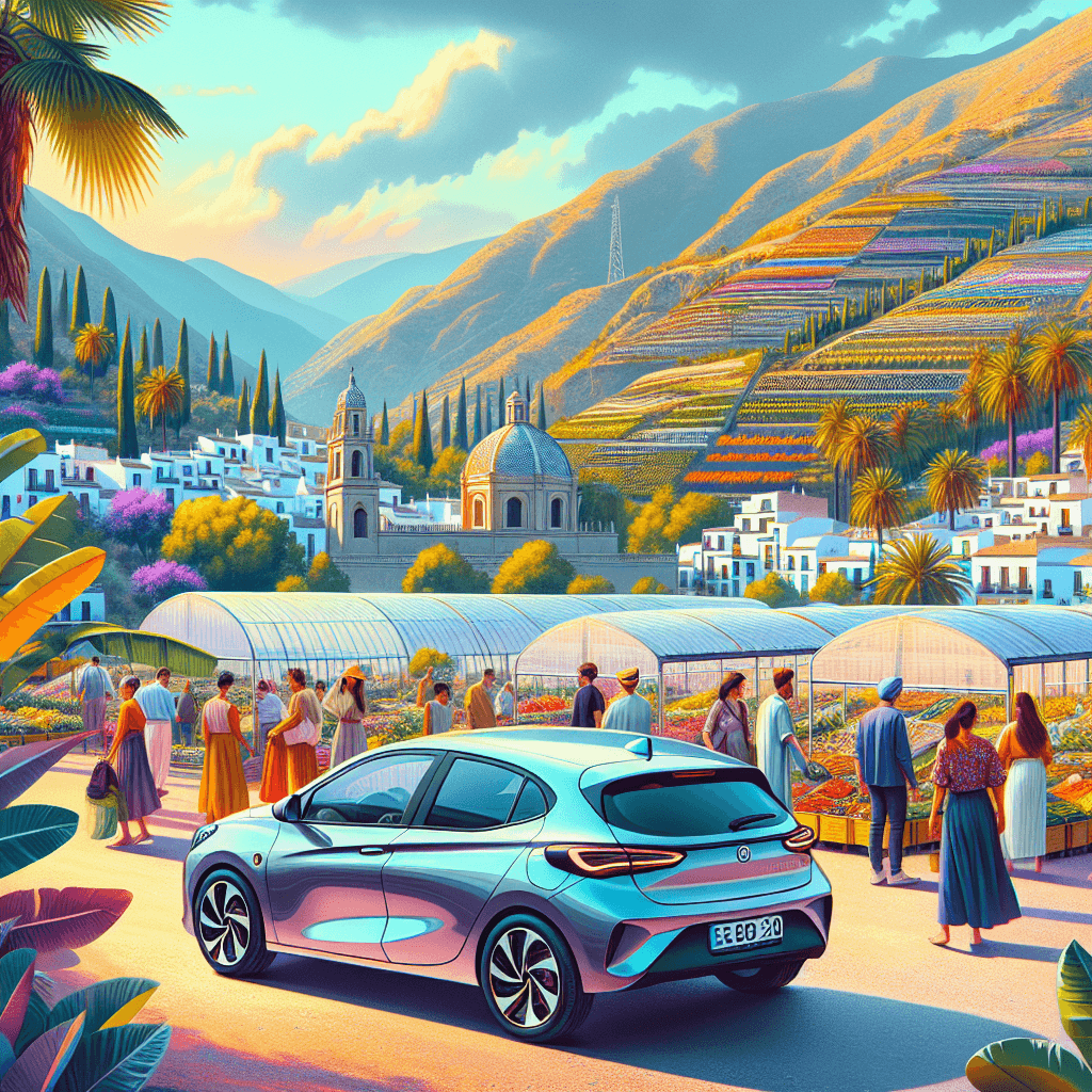 City car amidst marketplace in El Ejido with backgrounds of bright greenhouses and Sierra de Alhamilla
