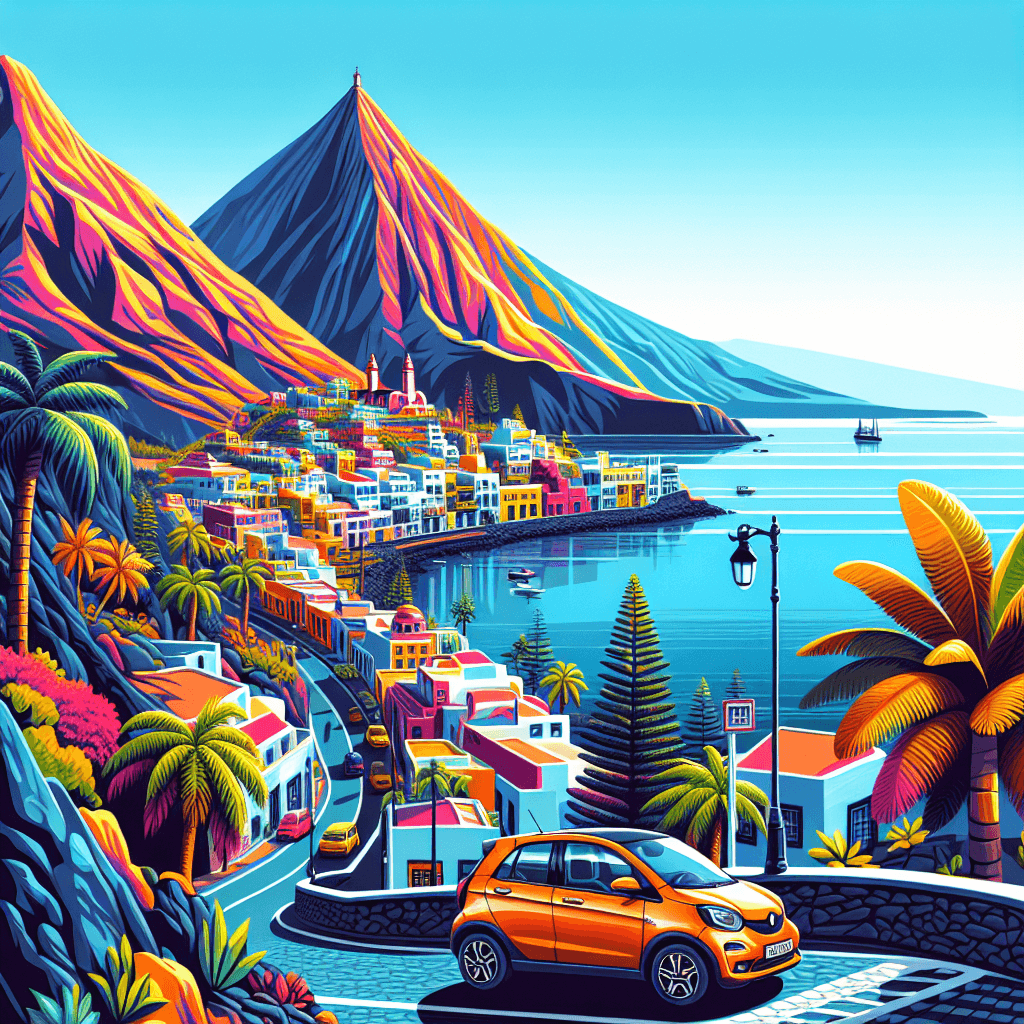 City car parked at La Gomera coast, with palm trees and mountains.
