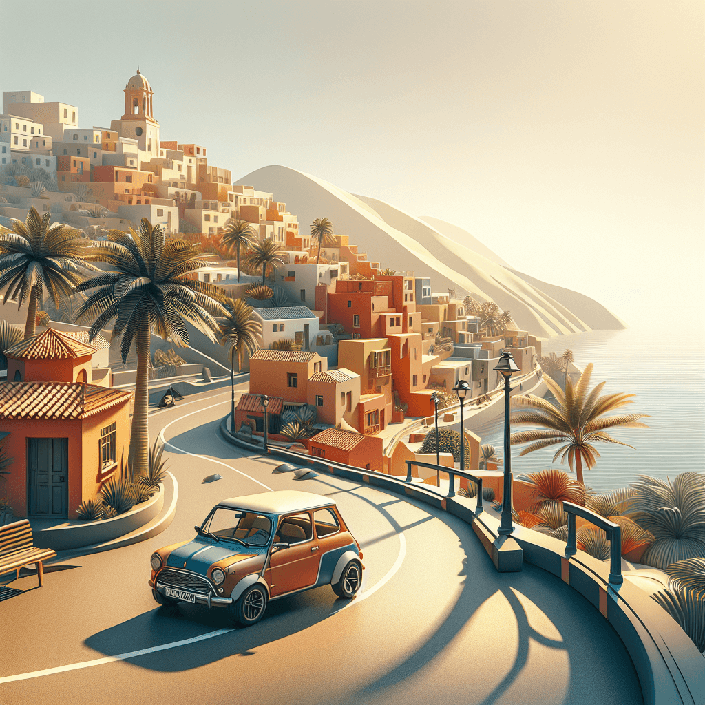 City car, palm trees, terracotta houses, sea-view and Mojácar landscape
