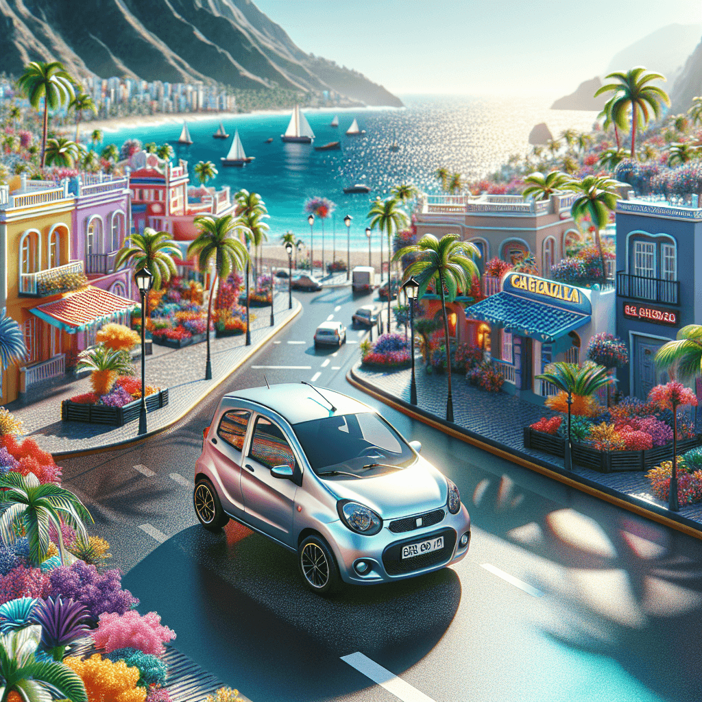 Stadtauto, leuchtende Gebäude, Palmen, leuchtende Blumen, funkelndes Meer