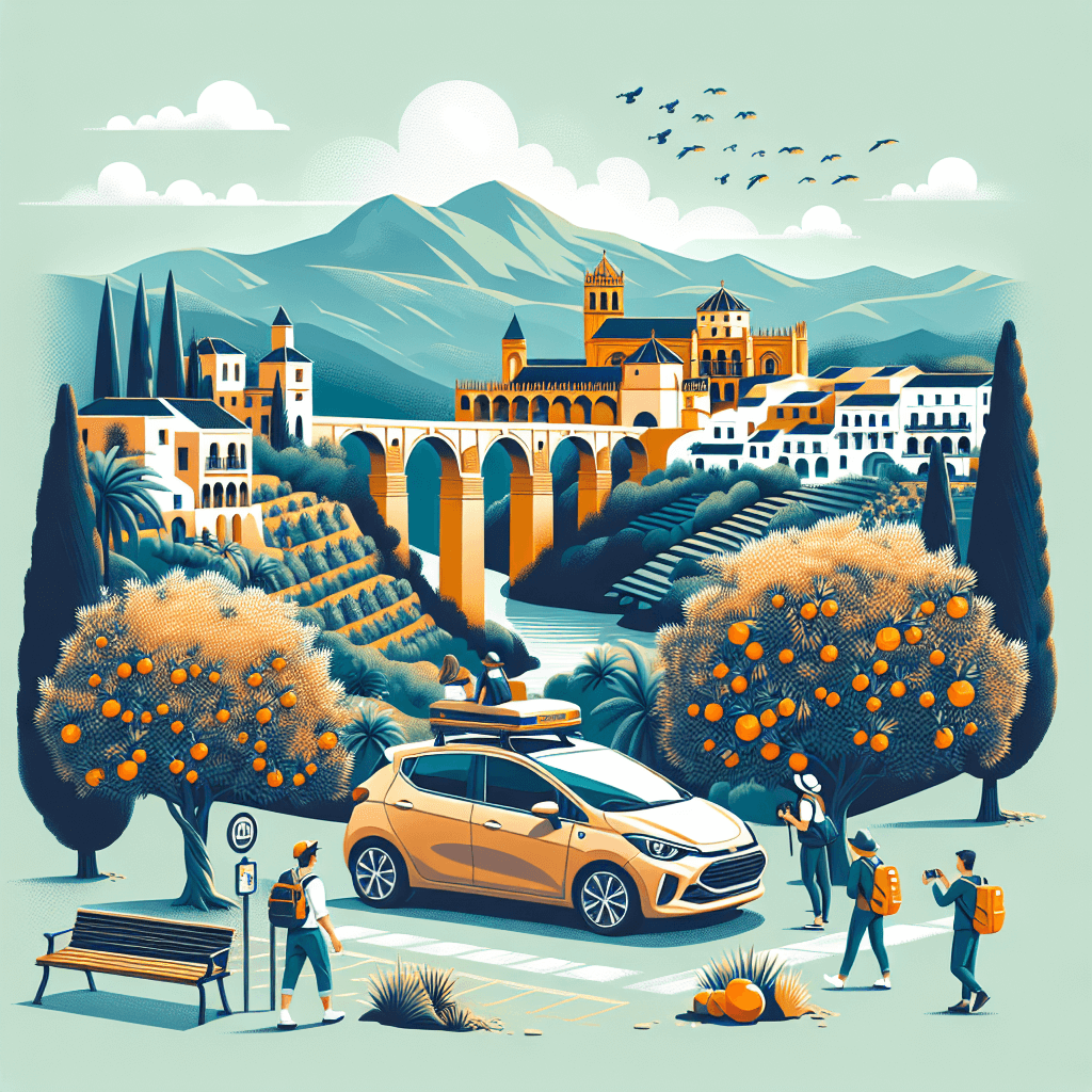 Coche en Ronda, turistas fotografiando, entre naranjos y olivos