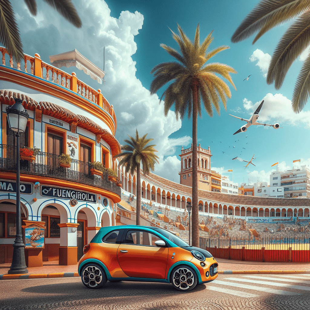 Petite voiture colorée à Fuengirola, entourée de palmiers et du plaza de toros