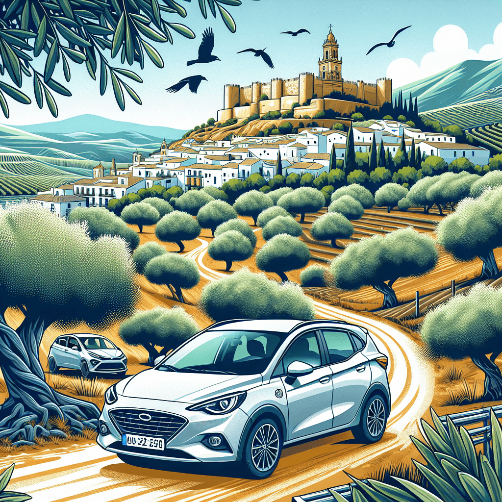 Voiture en ville, château de Jaén, cascades, vol d'oiseaux